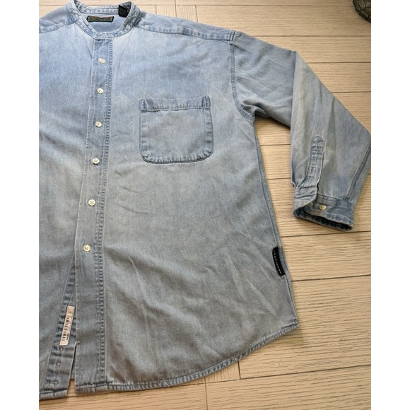 Structure Jeans Wear Vintage Men's Light wash Denim Button Up Band Collar LS XL - Picture 8 of 8